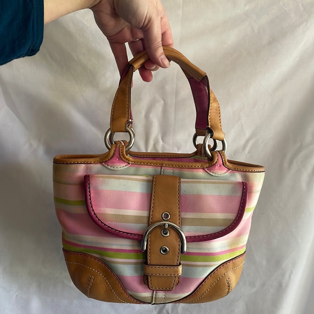2010’s Pastel Stripes Coach Handbag with buckled pocket. Leather and canvas